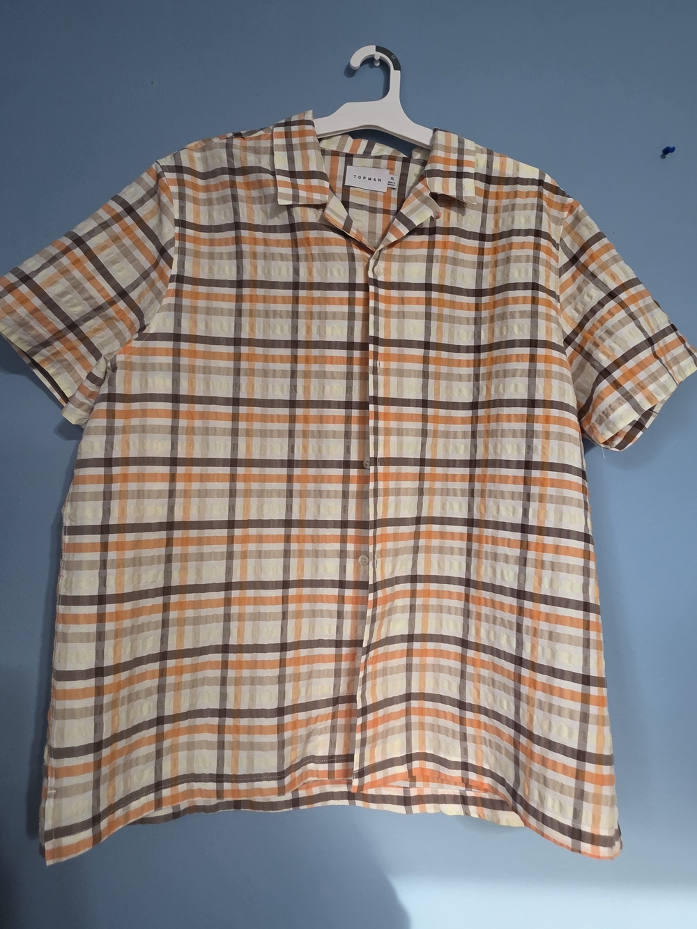 Topman Orange & Cream Short-Sleeve Plaid Button-Down XL Casual Y2K Grandpacore